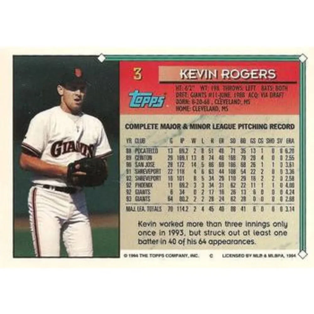 1994 TOPPS Kevin Rogers # 3 San Francisco Giants